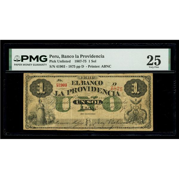 PERU, Lima, Banco la Providencia, 1 sol, 1-1-1875, serial 41903, brown back color, with 1875 date st