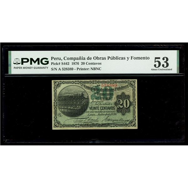 PERU, Lima, Compañía de Obras Públicas y Fomento del Peru, 20 centavos, 4-7-1876, serial 528389, PMG