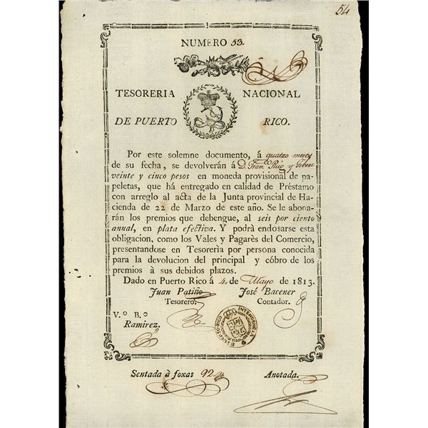 PUERTO RICO (under Spain), Tesorería Nacional, 25 pesos, 4-5-1813, serial 53.