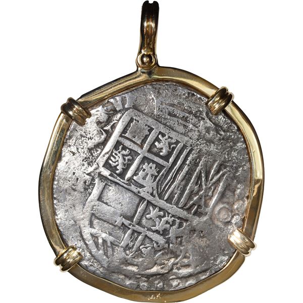 BOLIVIA, Potosí, cob 8 reales, Philip III, assayer T, Grade 1, ex-Atocha (1622), mounted cross-side 