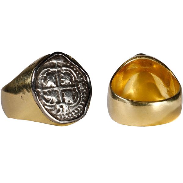 BOLIVIA, Potosí, cob 1 real, 1658 E, ex-Joanna (1682), mounted cross-side out in men's 18K gold ring