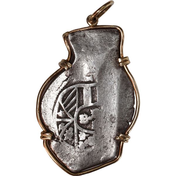 MEXICO, Mexico City, cob 8 reales, (1705-12) J, fish-shaped flan, ex-1715 Fleet, mounted in 14K gold