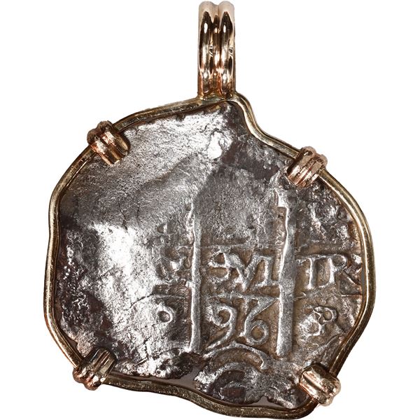 BOLIVIA, Potosí, cob 1 real, 1696 VR, ex-1715 Fleet, mounted pillars-side out in 14K gold pendant wi