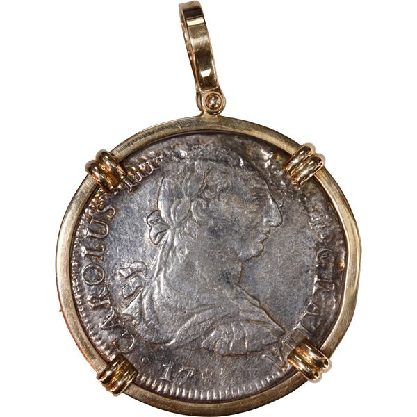 MEXICO, Mexico City, bust 8 reales, Charles III, 1783 FF, ex-Cazador (1784), mounted in 14K gold pen