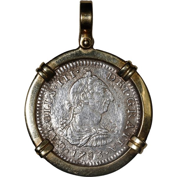 MEXICO, Mexico City, bust 1 real, Charles III, 1783 FF, ex-Cazador (1784), mounted in 14K gold penda