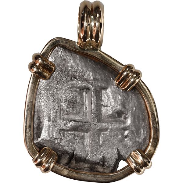 BOLIVIA, Potosí, cob 4 reales, 1747 q, mounted cross-side out in 14K gold pendant with fixed bail.