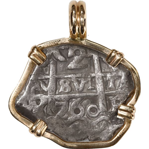 BOLIVIA, Potosí, cob 2 reales, 1760 V-Y, mounted pillars-side out in 14K gold pendant with fixed bai