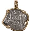 Image 1 : BOLIVIA, Potosí, cob 2 reales, 1760 V-Y, mounted pillars-side out in 14K gold pendant with fixed bai