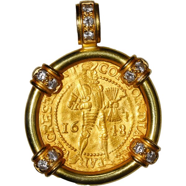 NETHERLANDS (United), Utrecht, gold ducat, 1648, mounted knight-side out in 18K gold pendant with fi