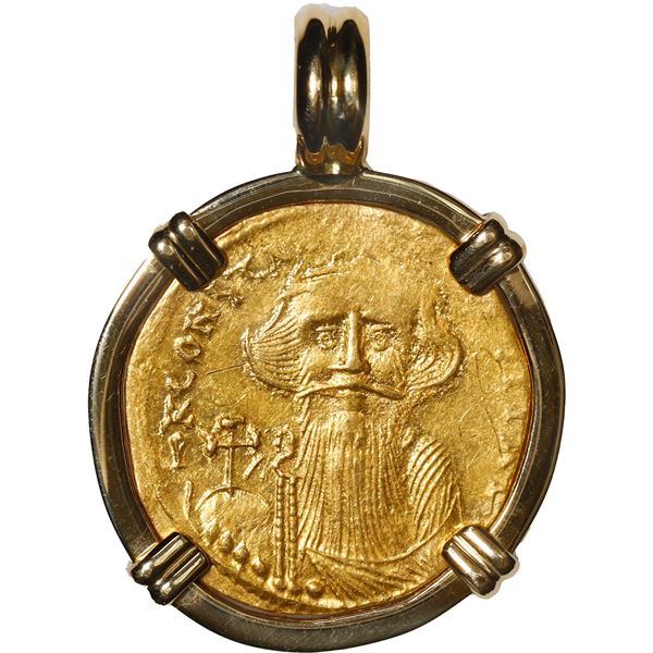 BYZANTINE EMPIRE, Constantinople mint, AV solidus, Constans II, 641-668 AD, mounted head-side out in