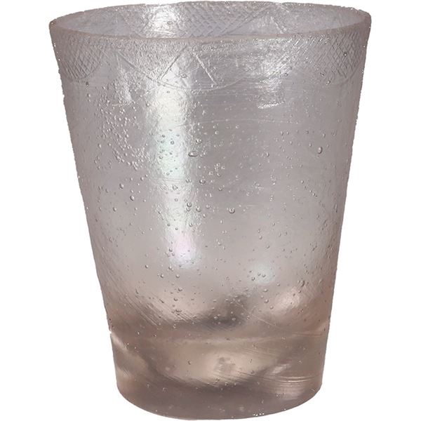 Small, clear shot-glass with ornate etched design, ex-Guadalupe-Tolosa (1724).