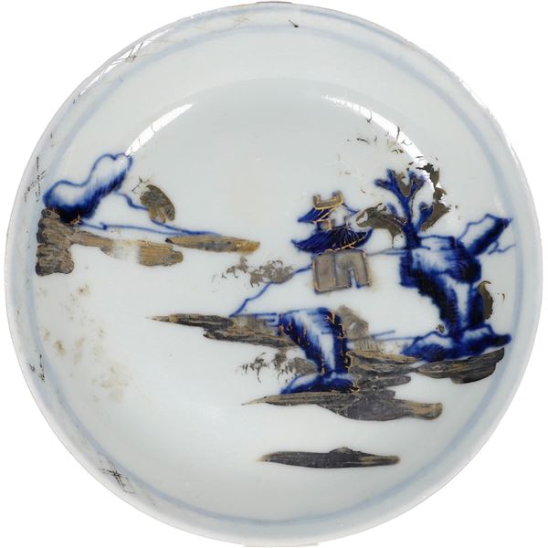 Chinese blue-on-white porcelain saucer, Imari Pavilion pattern, ex-"Nanking Cargo" (1752).