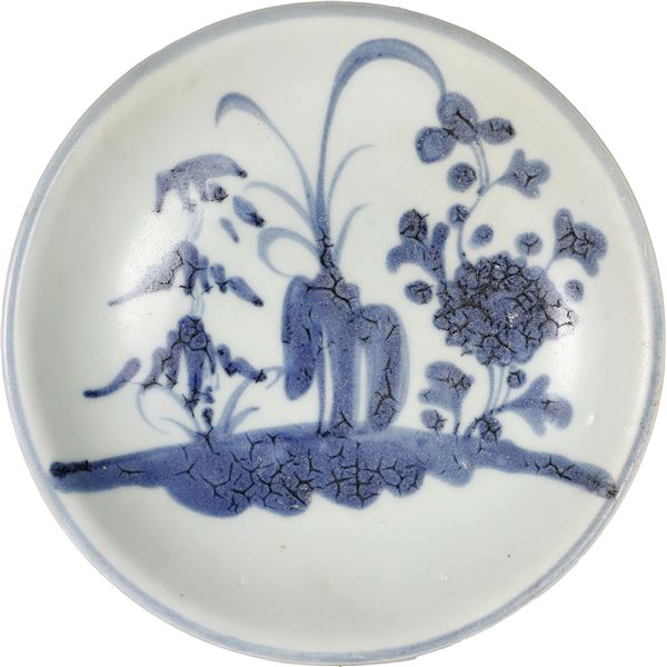 Chinese blue-on-white porcelain saucer, bamboo and flowering peony motif, ex-Tek Sing (1822).