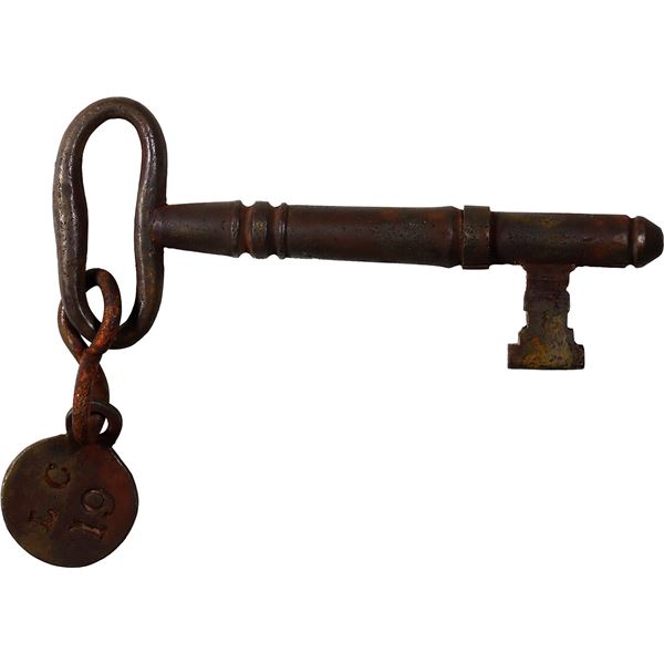 First Class cabin steward's linen closet key with LC 19 on round tag, rare, ex-S.S. Central America 