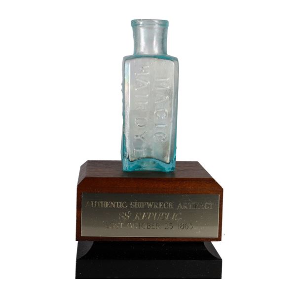 Phalon's Magic Hair Dye No. 1 glass bottle, with stand, ex-S.S. Republic (1865).