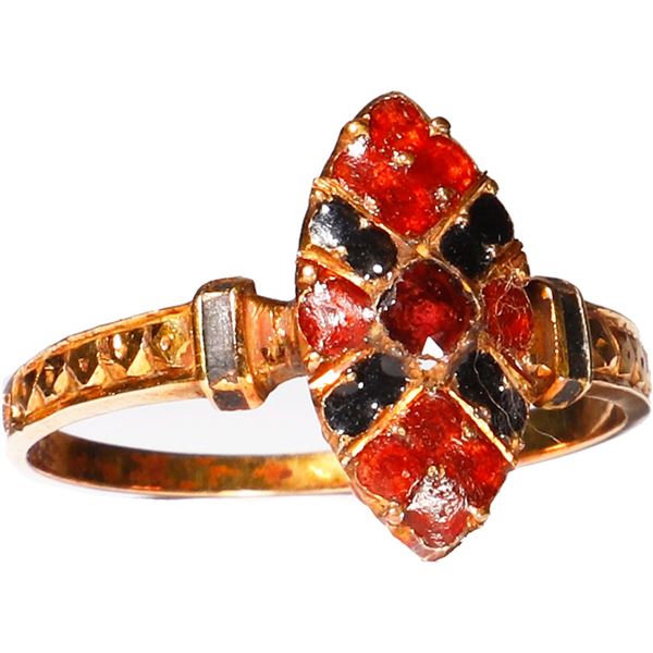 Gold ring with red stone and enamel, 1.7 grams, size 7½, 12K, ex-S.S. General Abbatucci (1869).