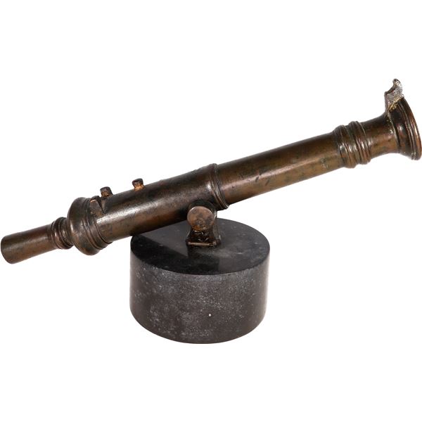 Small bronze signal cannon with yoke and stand, probably 1800s.