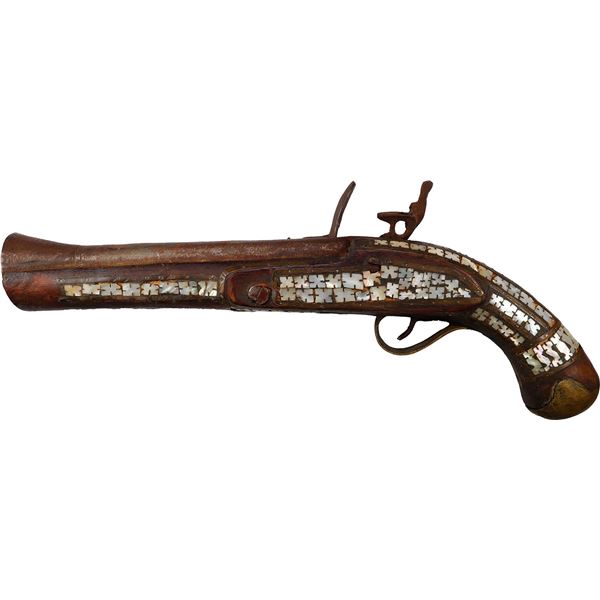 Flintlock pistol with blunderbuss barrel and mother-of-pearl inlays, 1700s.