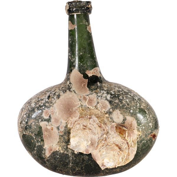 Green glass flat-sided onion bottle with encrustation, 1700s.