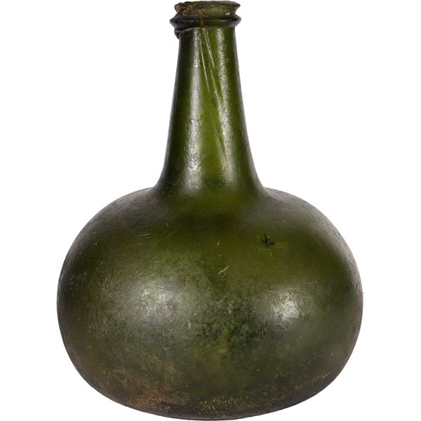 Green glass onion bottle, 1700s.
