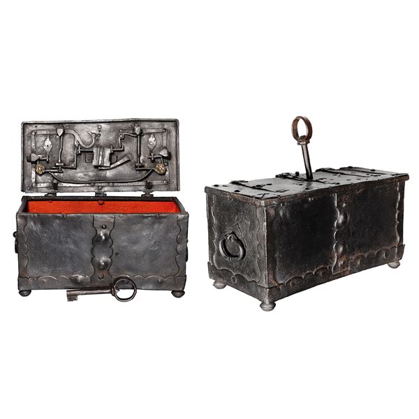Small iron "Nuremburg" chest, probably 1600s, with key.