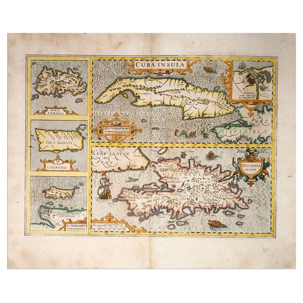 Original (ca. 1606) large map of the Caribbean by Jodocus Hondius entitled “Cuba Insula, Hi