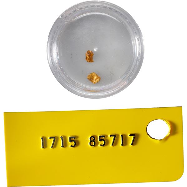 Two tiny natural gold flakes, 0.13 gram, ex-1715 Fleet, ex-Queens Jewels.