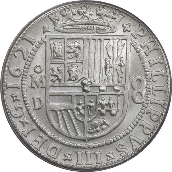 Limited-edition silver 1-oz "restrike" of a Mexican 8 reales Royal (galano) 1621 D struck ca. 1985 a
