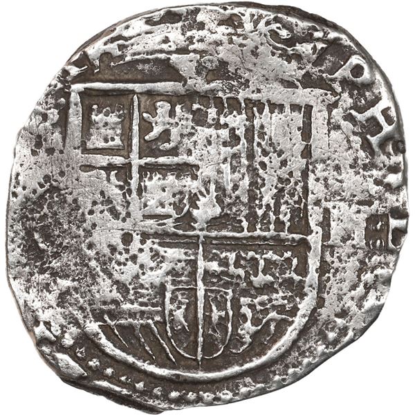 SPAIN, Seville, cob 2 reales, Philip II, assayer Gothic D at 4 o'clock outside tressure on reverse.