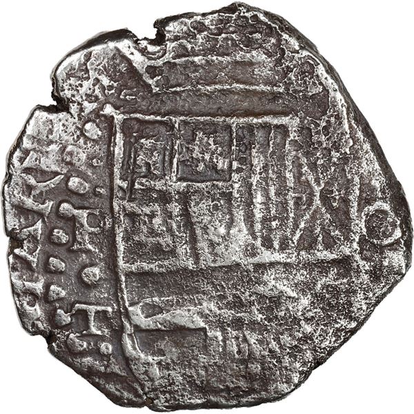 BOLIVIA, Potosí, cob 8 reales, Philip IV, assayer P (late 1620s), quadrants of cross transposed, "hu