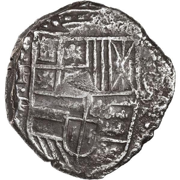 BOLIVIA, Potosí, cob 8 reales, Philip IV, assayer P (late 1620s), "hunched over" lions.