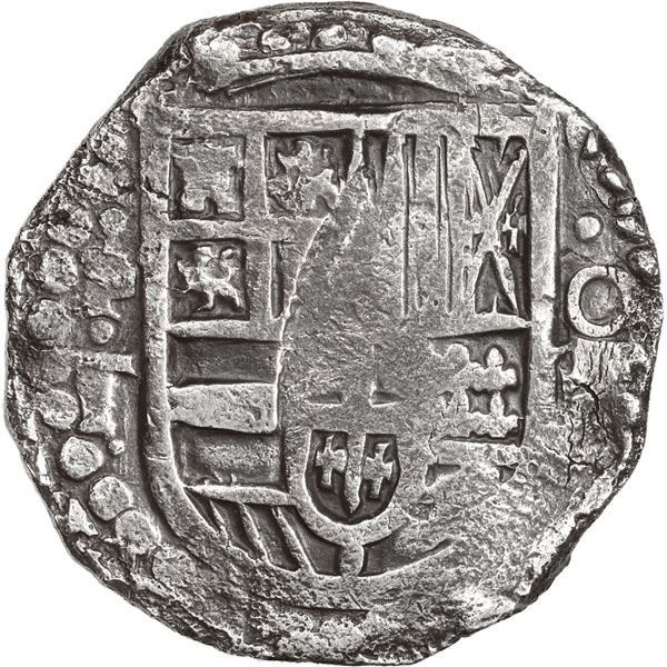 BOLIVIA, Potosí, cob 8 reales, Philip IV, assayer T (late 1620s), "hunched over" lions.