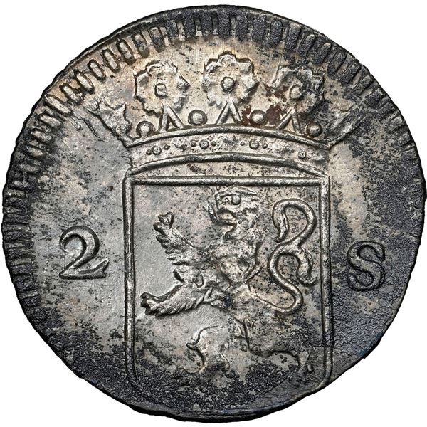 NETHERLANDS (United), Holland, 2 stuivers, 1724, NGC UNC details / saltwater damage (Shipwreck Blue 