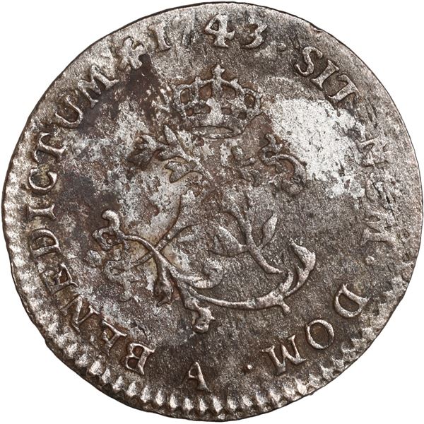 FRENCH COLONIES, struck at the Paris Mint, billon 2 sols (24 deniers), Louis XV, 1743, very rare pro