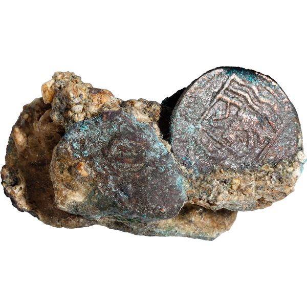 NETHERLANDS (United), Zeeland, clump of six copper duits, dates not visible (1752), encrusted as fou