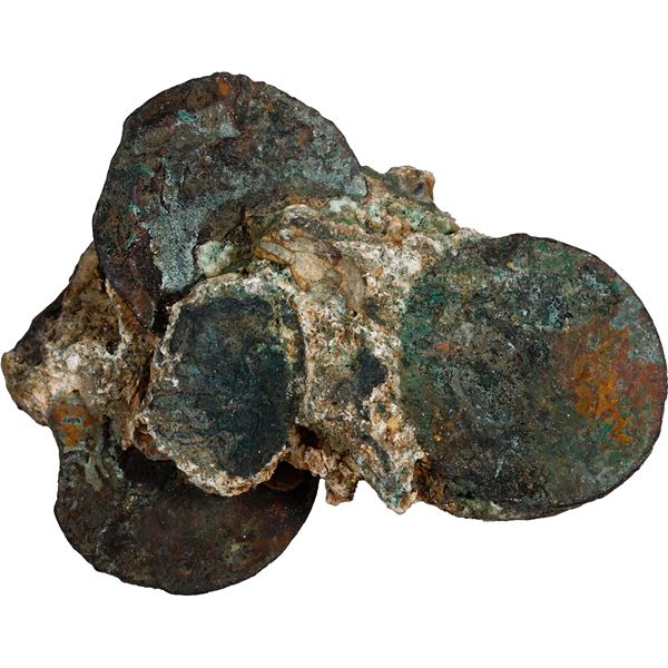 NETHERLANDS (United), Zeeland, clump of five copper duits plus parts of others, dates not visible (1