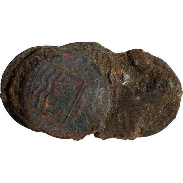 NETHERLANDS (United), Zeeland, clump of five copper duits, 1752 (where visible), encrusted as found.