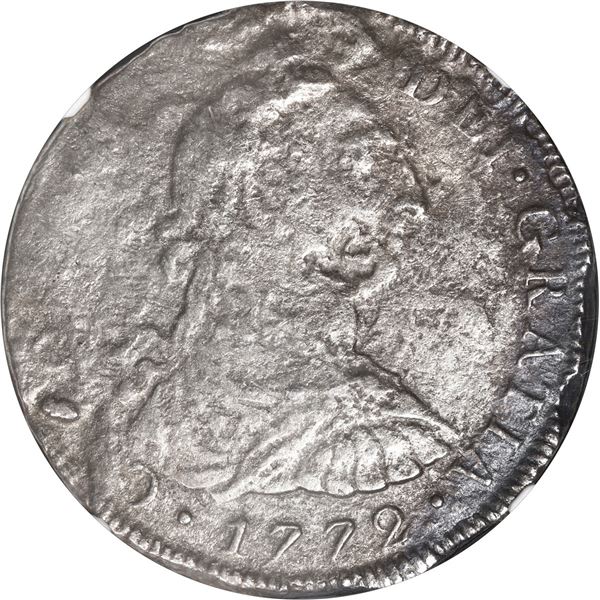 MEXICO, Mexico City, bust 8 reales, Charles III, 1772 FM, assayer's initials facing outward, NGC Gen