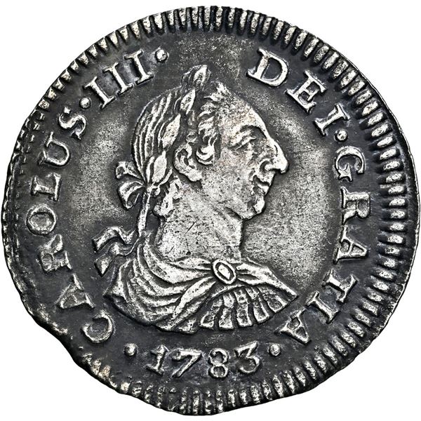 MEXICO, Mexico City, bust ½ real, Charles III, 1783 FF, NGC AU details / saltwater damage (El Cazado