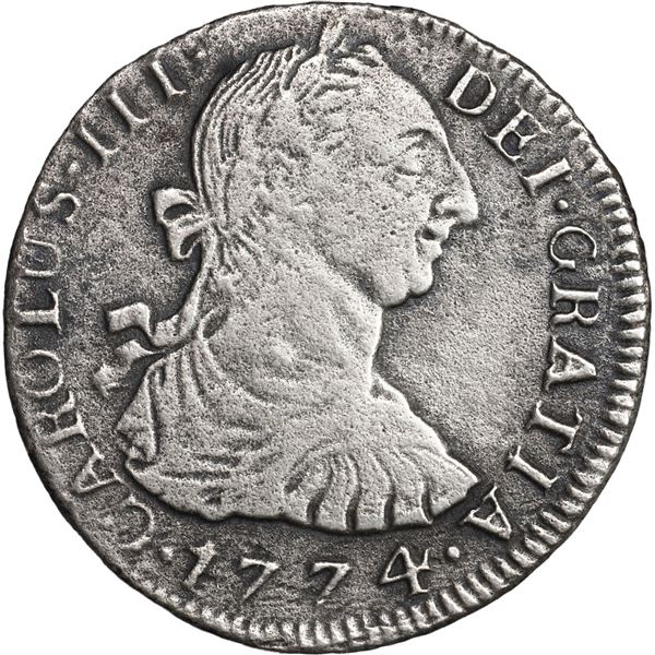 BOLIVIA, Potosí, bust 2 reales, Charles III, 1774 JR.