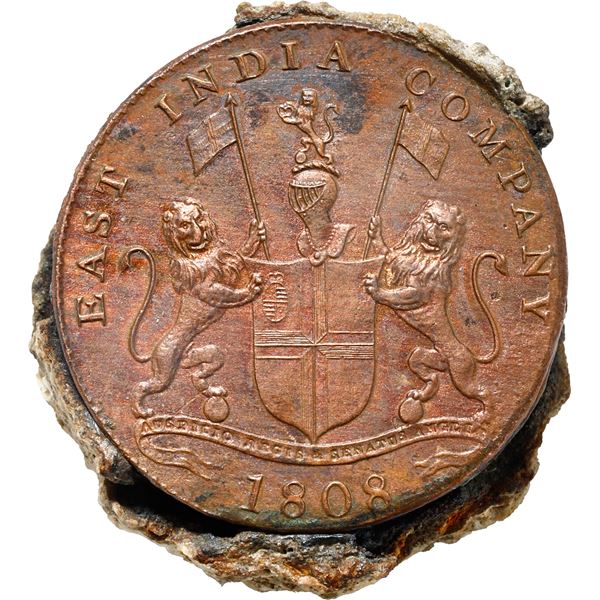 INDIA (British), Madras Presidency, clump of six copper XX cash in a stack, 1808, encrusted as found
