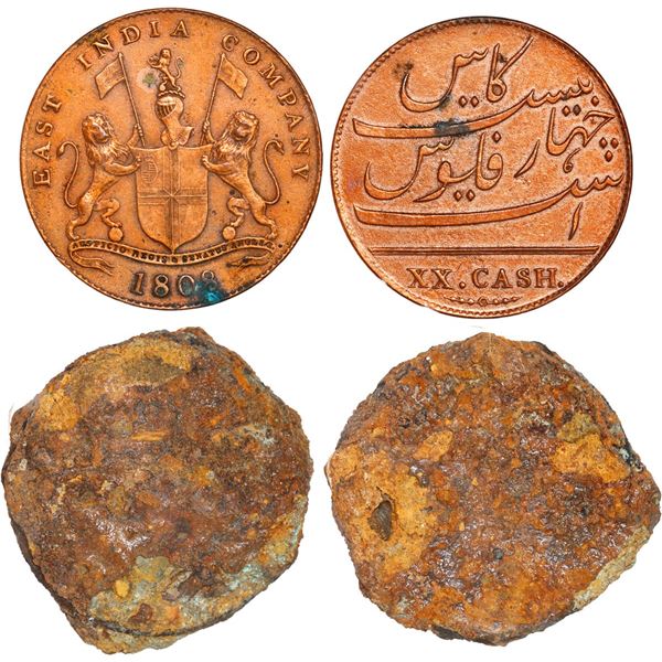 INDIA (British), Madras Presidency, lot of three XX cash (one cleaned, two in an encrusted clump), 1