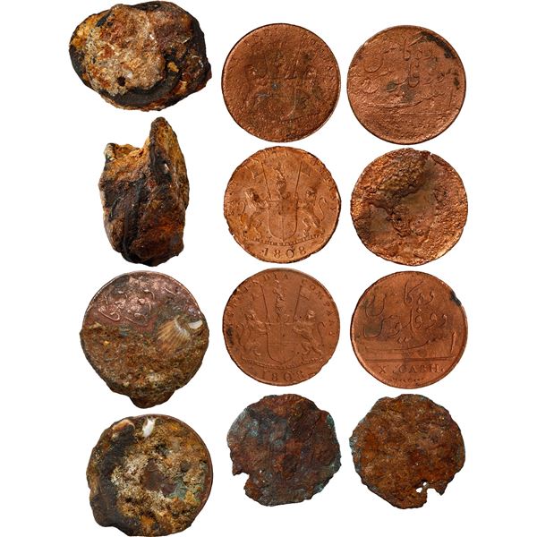 INDIA (British), Madras Presidency, lot of ten X cash (four separate, six in two encrusted clumps), 