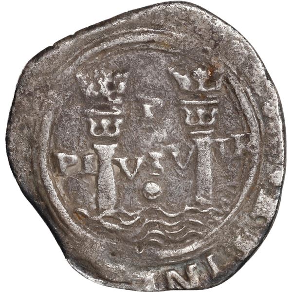 PERU, Lima, 1 real, Philip II, assayer R (Rincón) to left, legends uncertain, motto PL-VSV-TR above 