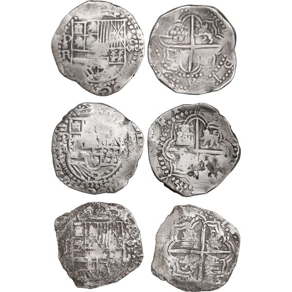 BOLIVIA, Potosí, lot of three cob 8 reales, Philip III, assayer R (where visible).