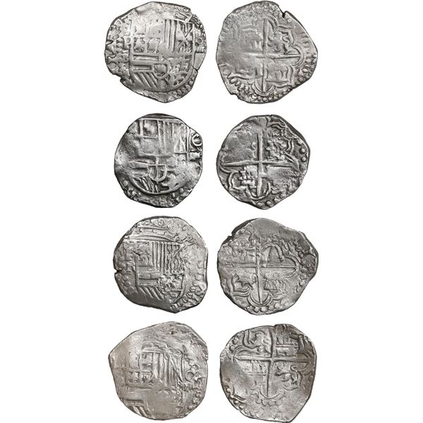 BOLIVIA, Potosí, lot of four cob 4 reales, Philip II and III, assayer B or R where visible.