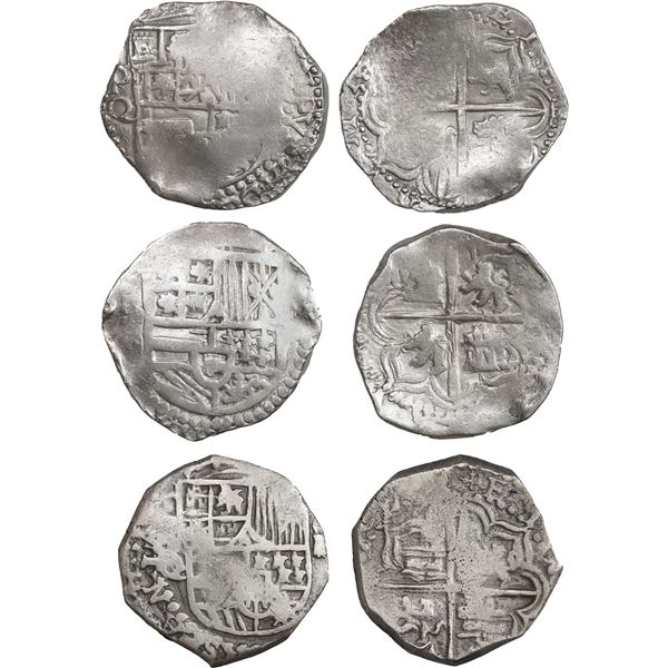 BOLIVIA, Potosí, lot of three cob 4 reales, Philip III, assayer Q (where visible).