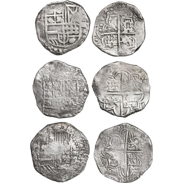 BOLIVIA, Potosí, lot of three cob 4 reales, Philip III, assayers not visible.