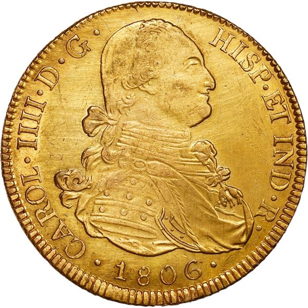 BOLIVIA, Potosí, gold bust 8 escudos, Charles IV, 1806 PJ.