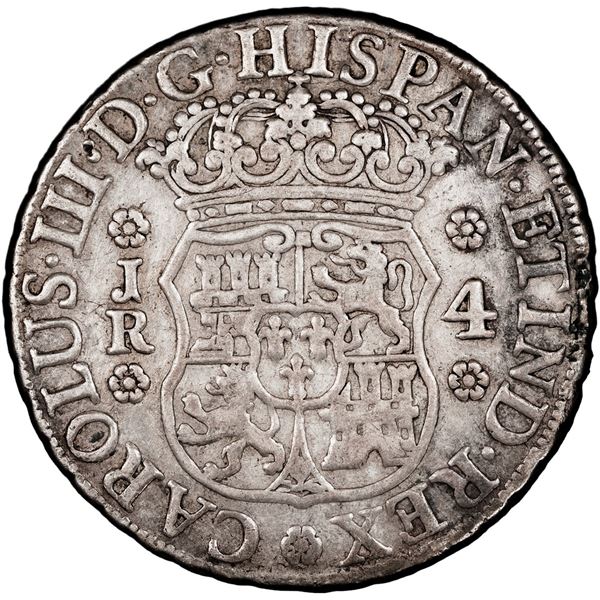 BOLIVIA, Potosí, pillar 4 reales, Charles III, 1768/7 JR, very rare, PCGS VF details / cleaned, ex-P